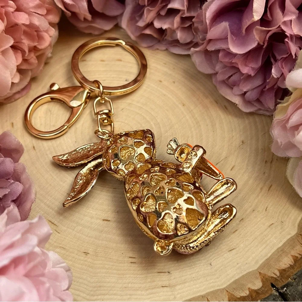 Champagne and Silver Crystal Bunny Rabbit with Carrot Keychain Charm - Picture 13 of 16